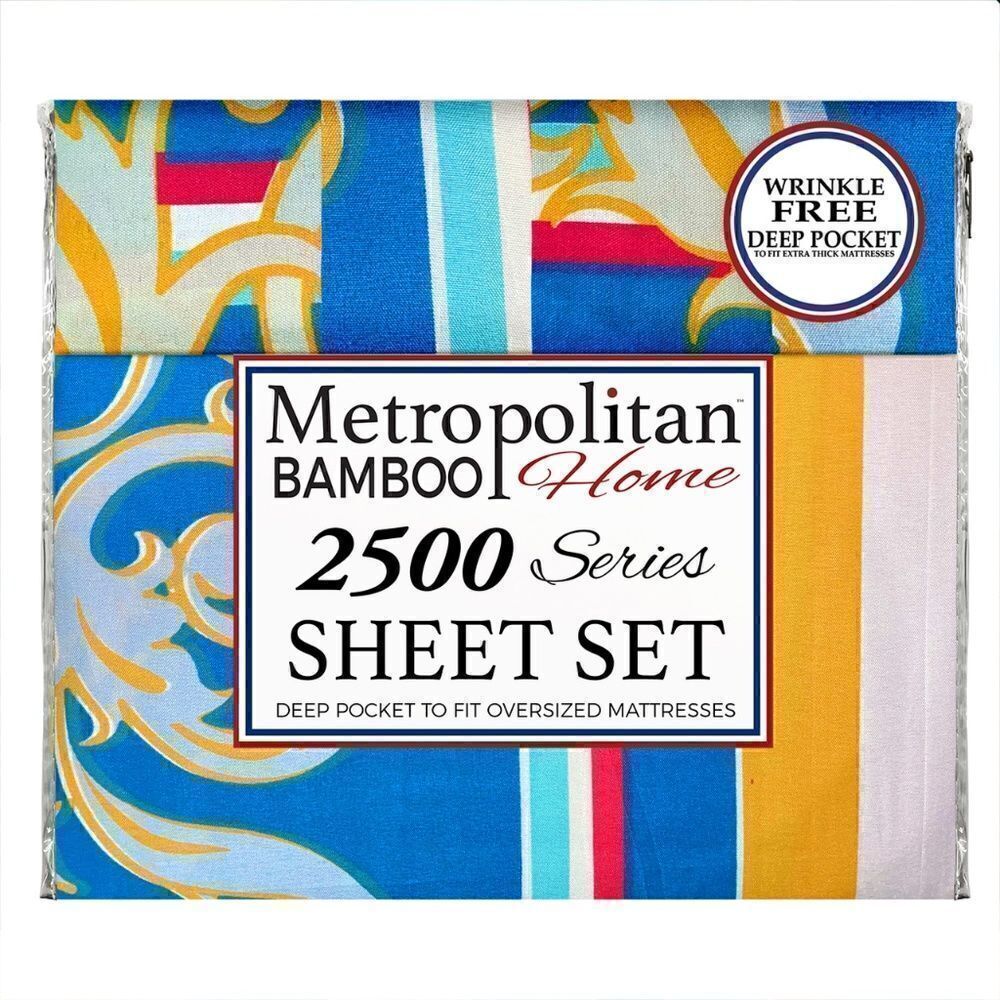 NEW! Pretty Nautical Vibe Red White Blue Metropolitan Bamboo KING Sheet Set
